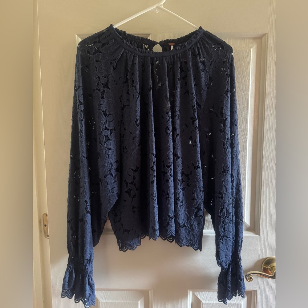 Free People Olivia Navy Lace Long Sleeve Blouse With Balloon Sleeve